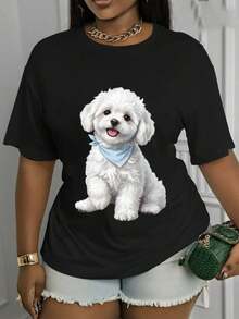 GiftBichon Spring/Summer Casual T-Shirt With Bichon Frise Print | Machine Washable, Stylish Base Layer, Suitable For Holidays And Special Occasions, Fashionable And Versatile, Comfortable Fabric, Seasonal Clothing, Durable And Soft Shirt. - 黑色 - 查看 1