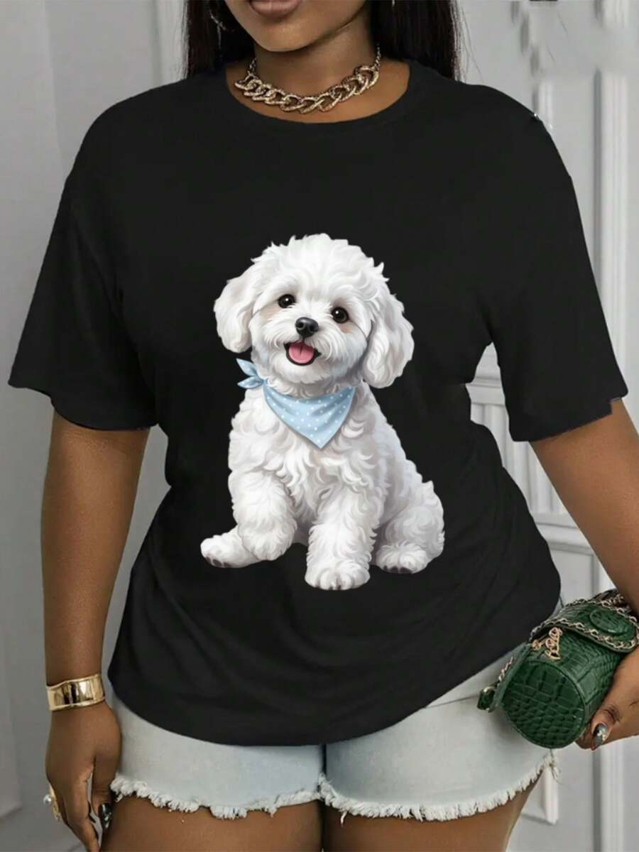 GiftBichon Spring/Summer Casual T-Shirt With Bichon Frise Print | Machine Washable, Stylish Base Layer, Suitable For Holidays And Special Occasions, Fashionable And Versatile, Comfortable Fabric, Seasonal Clothing, Durable And Soft Shirt. - 黑色 - 查看 1