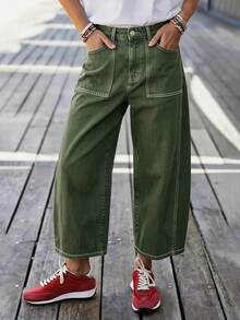 Jeans amples et décontractés à jambes larges avec poches, pour le printemps - Militaire verte - Voir 1