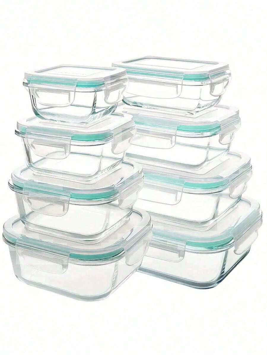 8PCS Glass Food Storage Containers With Lids, Food Storage Containers, Leak-Proof, Suitable For Fruits, Vegetables, Kitchen, Picnic, Meal Preparation, Refrigerator - 綠色 - 查看 1