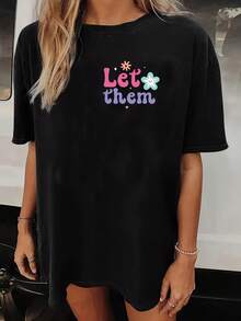 Women's T-Shirt With Inspirational Quote, Loose Fit, Casual, Round Neck, Short Sleeves, Letter Print, Polyester Knit Fabric, Suitable For Summer, 95% Polyester Fiber, 5% Spandex, 180 Grams Per Square Meter - Black Blouses For Women - 黑色 - 查看 7