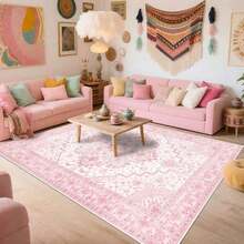 1pc Washable Boho Pink Area Rug, Ultra Soft Faux Cashmere Vintage Rug For Home Decor, Non-Slip And Soft Rug, Modern Bedroom Rugs, Vintage Rug For Kitchen And Office, Home Decor, Bedroom Mat, Elegant Floor Mat - Multicolor DT - View 4