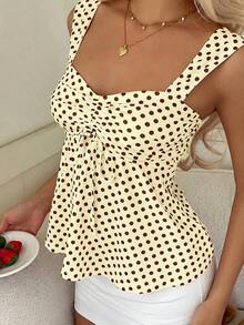 Nueva Colección Primavera/Verano 2026 para Mujer: Blusa/Top sin Mangas con Volantes y Cordón Ajustable, Estampado de Lunares Amarillo Buttercup y Marrón, Estilo Casual y Versátil, Top de Verano - Albaricoque - Ver 5