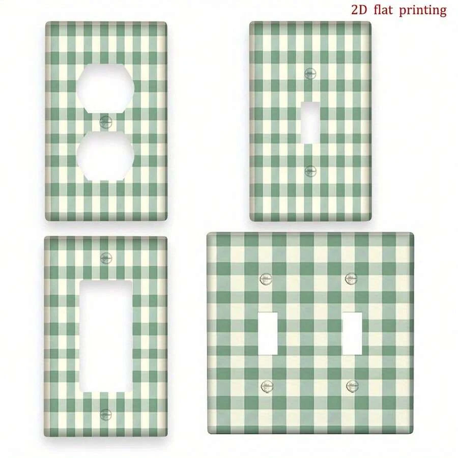 1 tấm ốp ổ cắm điện in 2D họa tiết kẻ caro xanh lá cây, bền chắc, dùng được cả trong nhà và nơi công cộng, dễ lắp đặt, thiết kế phẳng 2D. - A - Xem 1