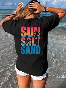 1 pieza de camiseta casual de cuello redondo para mujer SALT Print, manga corta, longitud regular, para primavera y verano, 180g, 100% algodón, los diseños están completamente estampados. Unisexo. - Negro - Ver 7