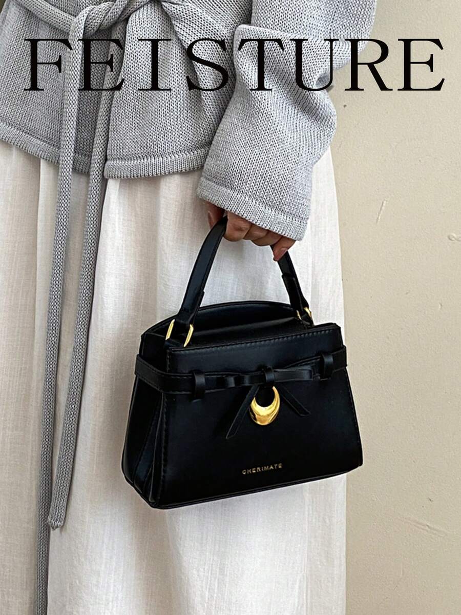 1pc FEISTURE Women's Solid Color PU Handbag With Metal Clasp, Magnetic Closure, Comes With Detachable Shoulder Strap