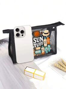 网眼化妆包，饰有口罩图案，独特的“Sun Items”字母设计，夏季防晒霜收纳袋，多功能化妆包，便携式收纳包，化妆包，护肤包，旅行必备，宿舍用品，浴室收纳，珠宝收纳，唇彩和化妆品收纳袋，学习用品包，节日必备，化妆品收纳，婚礼新娘礼物，母亲节礼物，生日礼物，送给朋友和老师的礼物 - 彩色 - 查看 9