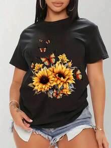 Gift Women's Casual T-Shirt With Sunflower And Black Butterfly Print - Round Neck, Short Sleeve For Spring Summer, Machine Washable, Comfortable Vacation Clothes 1 Sexy Casual Sweet Party Elegant High Elasticity Beach Night Out Holiday Wedding Summer Heart Graphic Soft - 黑色背景上的花朵 - 查看 7