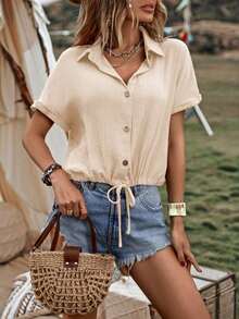 Camisa de verano para mujer, casual, suelta, de un solo botón y unicolor - Beis - Ver 6