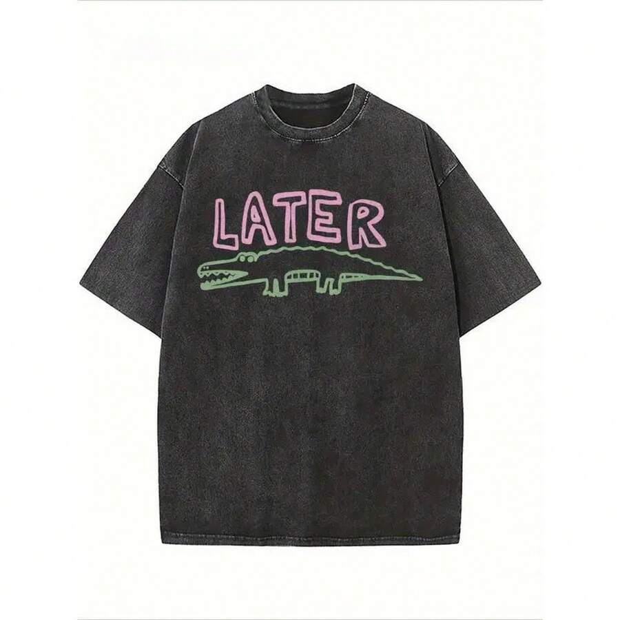 Camiseta gráfica para mujer con estampado de "Later Gator" sarcástico - Corte holgado unisex, efecto desgastado, transpirable, cuello redondo, manga corta, ropa casual para fiestas y vacaciones. - camiseta negra lavada - Ver 1