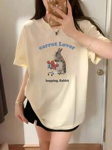Camiseta de Manga Corta con Estampado de Conejo y Letras Azules Estilo Y2K, Nueva Moda de Verano para Mujer, Versátil, Holgada, Cuello Redondo, Top Y2K de Algodón Puro - Blanco - Ver 10