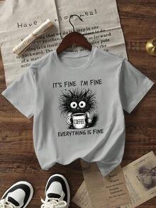 Camiseta de manga corta con cuello redondo y estampado de eslogan simple para mujer, estilo casual de verano, corte holgado, ideal para uso diario y vacaciones.Camiseta de mujer. - Gris Claro - Ver 4