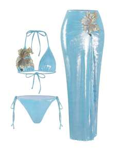 Swim Oasis 3pcs/Set Summer New High-End Shiny Fabric Sequin Embroidery Floral Triangle Bikini Push-Up Swimwear One-Piece Swimwear For Women - 藍色 - 查看 6