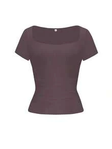 y sexy de punto para mujer Vaiaye, camiseta casual de cuello cuadrado de unicolor, blanco para primavera/verano - gris morado - Ver 3