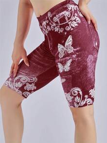 Lmitation Leggings de mezclilla para mujer cintura de mariposa fruta flor pantalones cortos elásticos cintura alta Casual - Negro - Ver 3