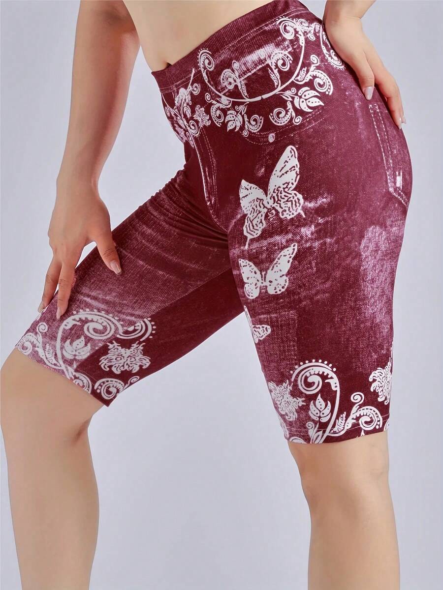 Lmitation Leggings de mezclilla para mujer cintura de mariposa fruta flor pantalones cortos elásticos cintura alta Casual - Rojo - Ver 1