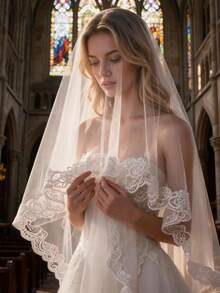 Cathedral Wedding Bridal Veil, 1 Layer, Soft Tulle With Lace And Floral Trim, Vintage Style, For Bridal Veil. - White - View 7