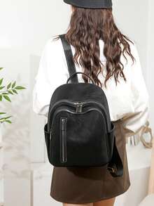 Women's PU Lightweight Backpack, Waterproof Casual Everyday Backpack, Multi-Pocket Minimalist Solid Color School/Work/Travel Bag - Black - View 4