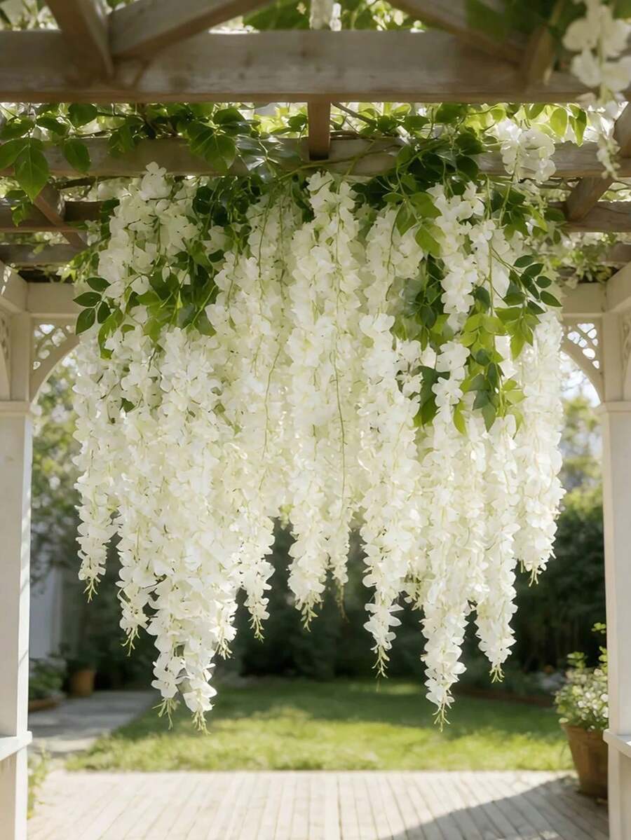 30pcs/20pcs/1pc High-End Artificial White Wisteria, Dense White Faux Wisteria Vine Hanging Strands Fiber, Artificial Wisteria Vines, Outdoor Artificial Flowers, Holiday Decor, Floral Vine Decor, Home Decor, Outdoor Decor, Yard Garden Decor, Suitable For Wedding Decor, Hotel, Party, Garden Party, Yard, Suitable For Various Indoor And Outdoor Decor, All Seasons, Durable And Beautiful - White - View 1