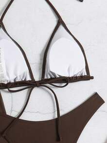 Women's Solid Color Sexy Elegant Tie-Back Backless Bikini Set, Suitable For Vacation & Beach Summer - Coffee Brown - View 5