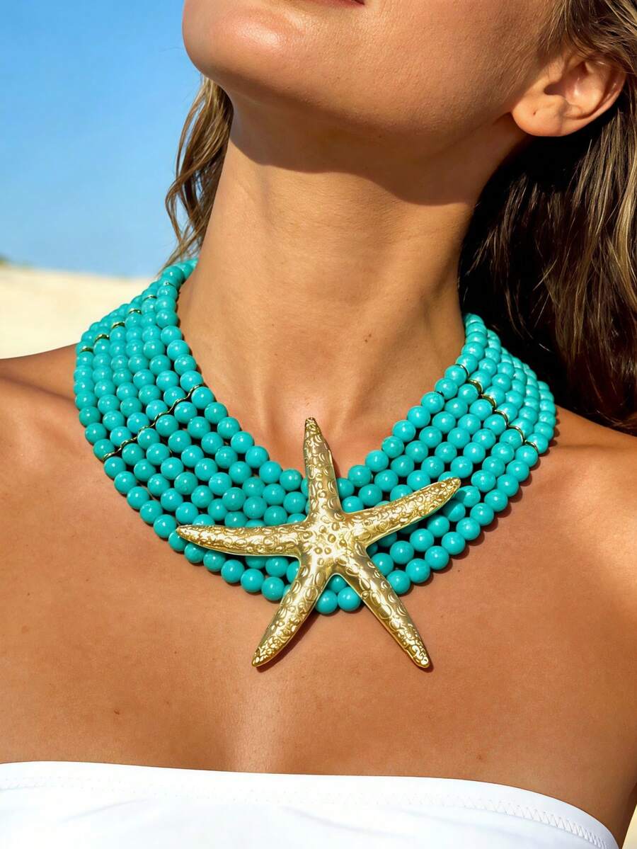 1pc Summer Beach Vacation Style Multi-Layer Blue & Green Beaded Gold-Plated Starfish Necklace, Exaggerated Jewelry For Women, Suitable For Beach Party, Holiday - Golden Yellow + Blue-green - View 1