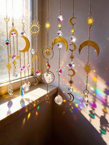 1pc Celestial Crystal Wind Chime Star Moon Gold Pendants With Rainbow Crystals Hanging Home Decor Mystical Sun And Moon Design Boho Chic Pendant Spiritual Energy Healing Crystal For Living Room Bedroom Yoga Space Meditation Spiritual Altar Decor Mystical Dreamcatcher Style Home Accent Energy Pendant For Positive Vibes And Spiritual Growth Bohemian Wall Decor With Sun Star Design Boho Room Hanging Ornament For Home Styling - Style H - View 5