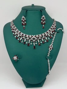 4pcs Luxury Pearl Embellished White, Red, Green Zirconia Jewelry Set, Middle Eastern Dubai Style Bridal Party Accessories, Wedding Gift - Red - View 1
