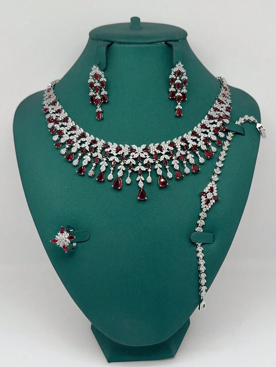 4pcs Luxury Pearl Embellished White, Red, Green Zirconia Jewelry Set, Middle Eastern Dubai Style Bridal Party Accessories, Wedding Gift - Red - View 1