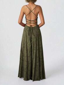Vestido de verano sexy y elegante para mujer de Unadoll, con cinturón de cordón en la cintura y diseño sin espalda, hecho de tela jacquard, adecuado para vacaciones, playa, citas, vuelta al colegio, bodas, fiestas y otras ocasiones - Verde militar - Ver 2