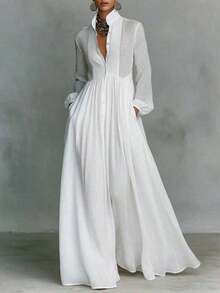 1Spring And Summer New Temperament Waist Thin Long Sleeves Pleated Word Long Holiday Skirt French White Dress - trắng - Xem 8