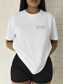 VivaGlam-[Front And Back Double Image] Women'S T-Shirt Gym Therapy, Fitness Therapy Double-Sided Print Summer Elegant Unique Casual Comfortable Round Neck T-Shirt Women'S Fashion Versatile Short Sleeve Top - 白色 - 查看 2