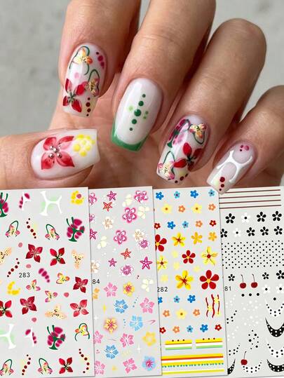 Conjunto de 4 adesivos de unhas com tema de ilha tropical, estampa floral de macarons - Adesivos coloridos de cereja e bolinhas - Decoração de unhas DIY para verão, festivais de música, férias e festas.