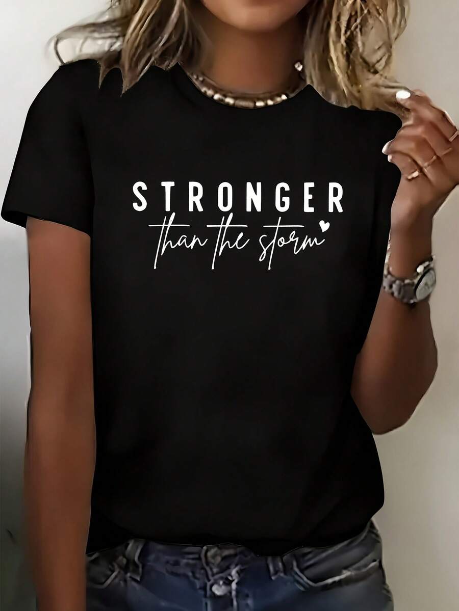 Women's T-Shirt With "Stronger Than The Storm" Print In Turquoise - Stylish Round Neck, Short Sleeves, Breathable Polyester Fiber, Machine Washable, Casual Spring/Summer Top, Women's T-Shirt, Summer Clothing, Bold Text Design, Soft Texture. - 黑色 - 查看 1