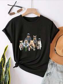 Camisetas gráficas de cuello redondo de gran tamaño para mujer, 100% algodón, diseño de gatos con bebidas en ropa urbana, ropa casual, camisetas de manga corta holgadas para primavera, camisetas básicas de moda de verano, regalo de ropa para mujer. Camiseta de manga corta para mujer, estilo básico para uso interior y exterior. - Negro - Ver 3