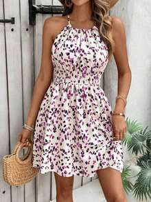 Vestido de moda para mujer sin mangas con cuello halter y estampado - Púrpura malva - Ver 4