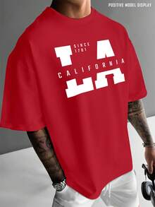 Fashion Casual T-Shirt - 100% Cotton, Regular Fit, Short Sleeve, Crew Neck, California LA West Coast Print, American Urban Style, Print Design, Perfect For Streetwear Or Everyday Wear, Or As A Gift - [紅色的] - 查看 2