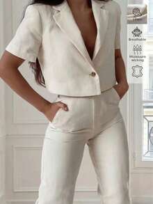 Set da 2 pezzi in lino, colore unito, elegante, casual, sexy, da ufficio, quotidiano, appuntamento, vacanza, estivo, leggero, traspirante, design, set estivo da donna, outfit estivi - Albicocca - Visualizzare 3