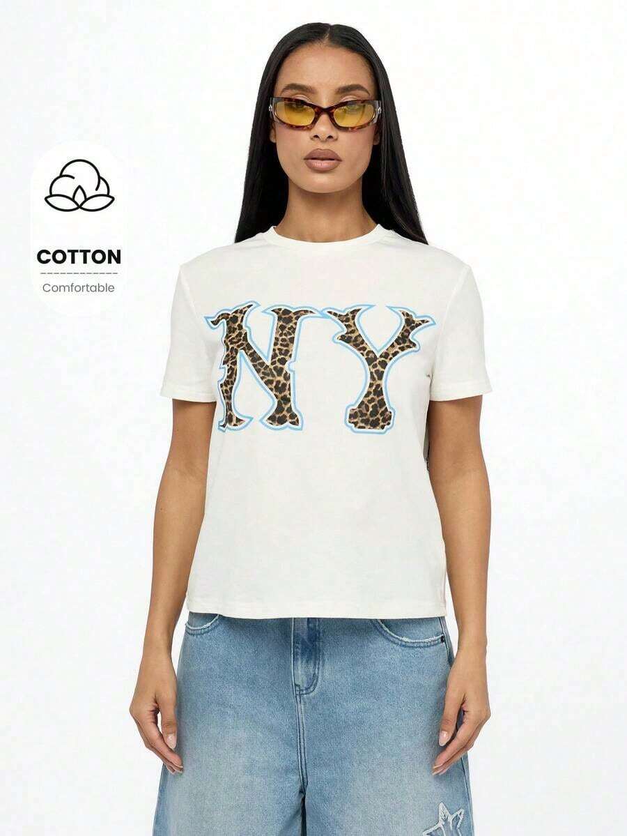 NYC Leopard Print T-Shirt, Casual Urban Style, Short Sleeve, Crew Neck, Cotton Blend, Summer Festival Top, Urban Fashion Graphic T-Shirt - 白色 - 查看 1