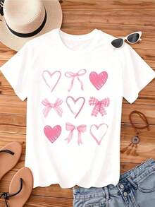 Camiseta con Estampado de Corazones y Lazos Rosados para Mujer, Top Casual de Moda, Diseño Bonito, Camiseta de Manga Corta para Verano - Blanco - Ver 4