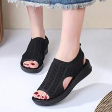 1 Pair Women's Slip-On Beach Sandals With Fabric Texture PU Sole, Wedge Heel, Suitable For Commuting, Casual, Walking - Black - View 5
