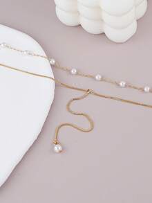 1pc Elegant Faux Pearl Y-Shaped Multi-Layer Necklace, Graceful Style, Suitable For Women To Wear To Work, Dates, Parties And Gatherings - Yellow Gold - View 4