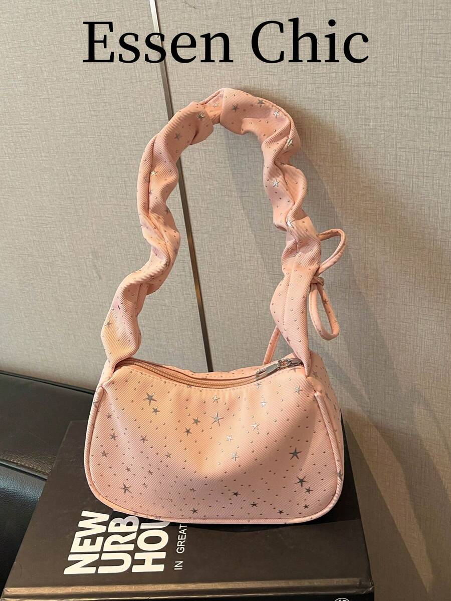 1个粉色春季新款星形装饰尼龙法棍包,女士褶皱单肩腋下包 - 粉色 - 查看 1