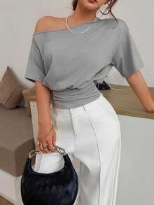 Grey Asymmetrical Shoulder Short Sleeve T-Shirt For Women, Summer Design Waist Cinched Cropped Sexy Versatile Top - Light Grey - View 3