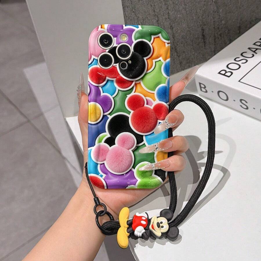 Disney Mickey Mouse Clubhouse Phone Case : 3D Fluffy Pattern Border Protector Phone Soft Phone Case With A Free Cute Mickey Bracelet Chain Lanyard, Mickey, Minnie, Goofy, Donald Duck, Daisy Duck, Pluto, For Apple 17 Promax 17 Pro 16 15 14 13 12 11 Pro Max XS Max X XR Soft Cover Summer Phone Case - 白色 - 查看 1