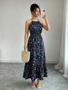 Vestido casual para mujer con camiseta estampada y cintura elástica - azul real - Ver 3
