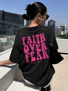 Camiseta de mujer de corte holgado con cuello redondo y estampado, suave, transpirable y cómoda, de manga corta, estilo casual holgado y versátil, adecuada para el trabajo, el uso diario y diversas ocasiones, ropa casual, a la moda para el verano, top cómodo y ajustado hecho de tela de algodón puro 100% de alta calidad de 200 g. - Negro - Ver 5