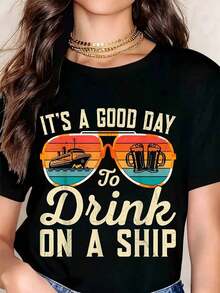 Camiseta de manga corta negra con diseño de barco y cerveza, "Es un buen día para beber en un barco con gafas de sol", para vacaciones en crucero y fiestas en la playa. - Negro - Ver 8