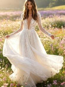 Romantic Lace Maxi Dress For Women 2026 Long Sleeve Sexy V Neck Beach Vacation Resort Party Dinner Gown - 白色 - 查看 2