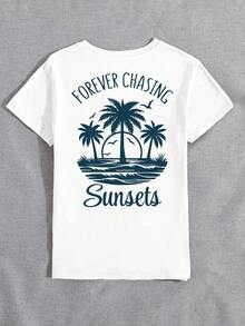 Camiseta de manga corta con cuello redondo y estampado de palmeras y letras de Sunsets Beach, adecuada para uso casual, al aire libre, vacaciones y uso diario en todas las estaciones. - Blanco - Ver 2