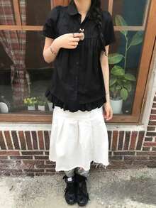 2025夏季新款韩版甜美青春花卉蕾丝拼接短袖上衣 黑色 - 黑色 - 查看 2
